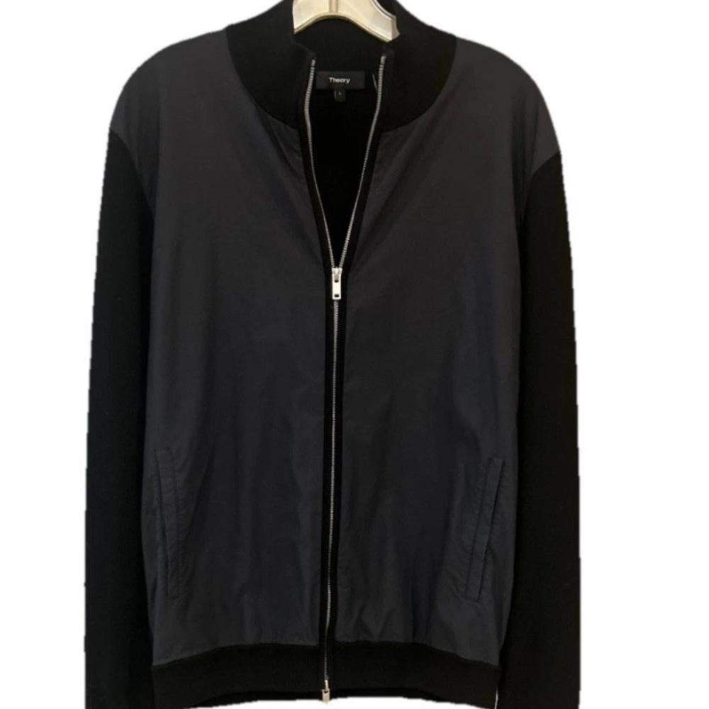 Theory Men’s Mixed Media Bomber Jacket Navy Black Knit Nylon Large
